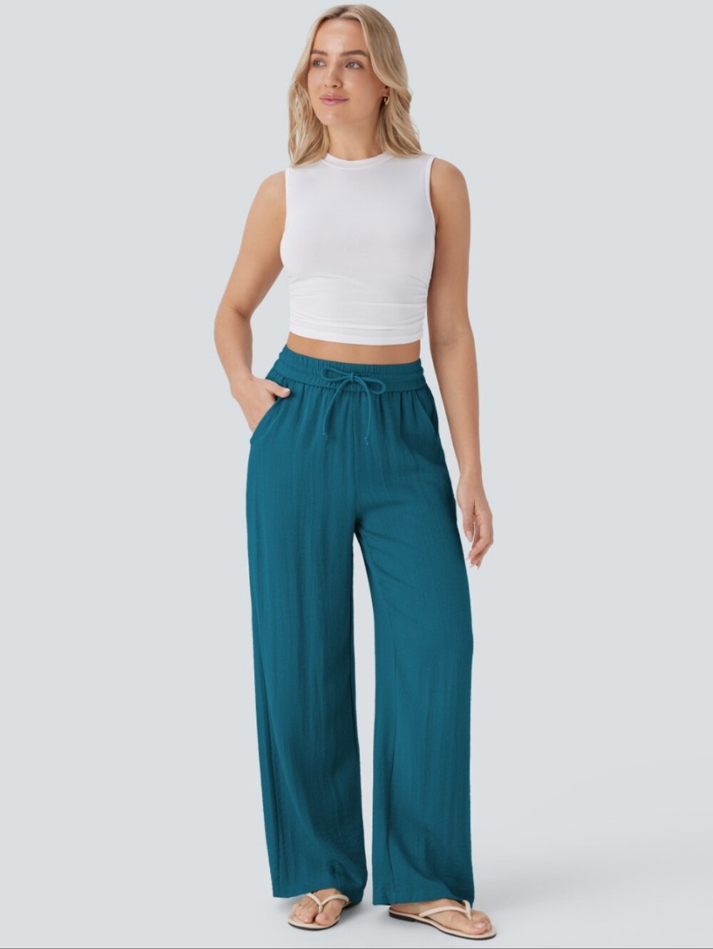 NEW Halara Airy Flowy Summer Pants Sz L In Crystal Teal Regular Inseam - Picture 4 of 5